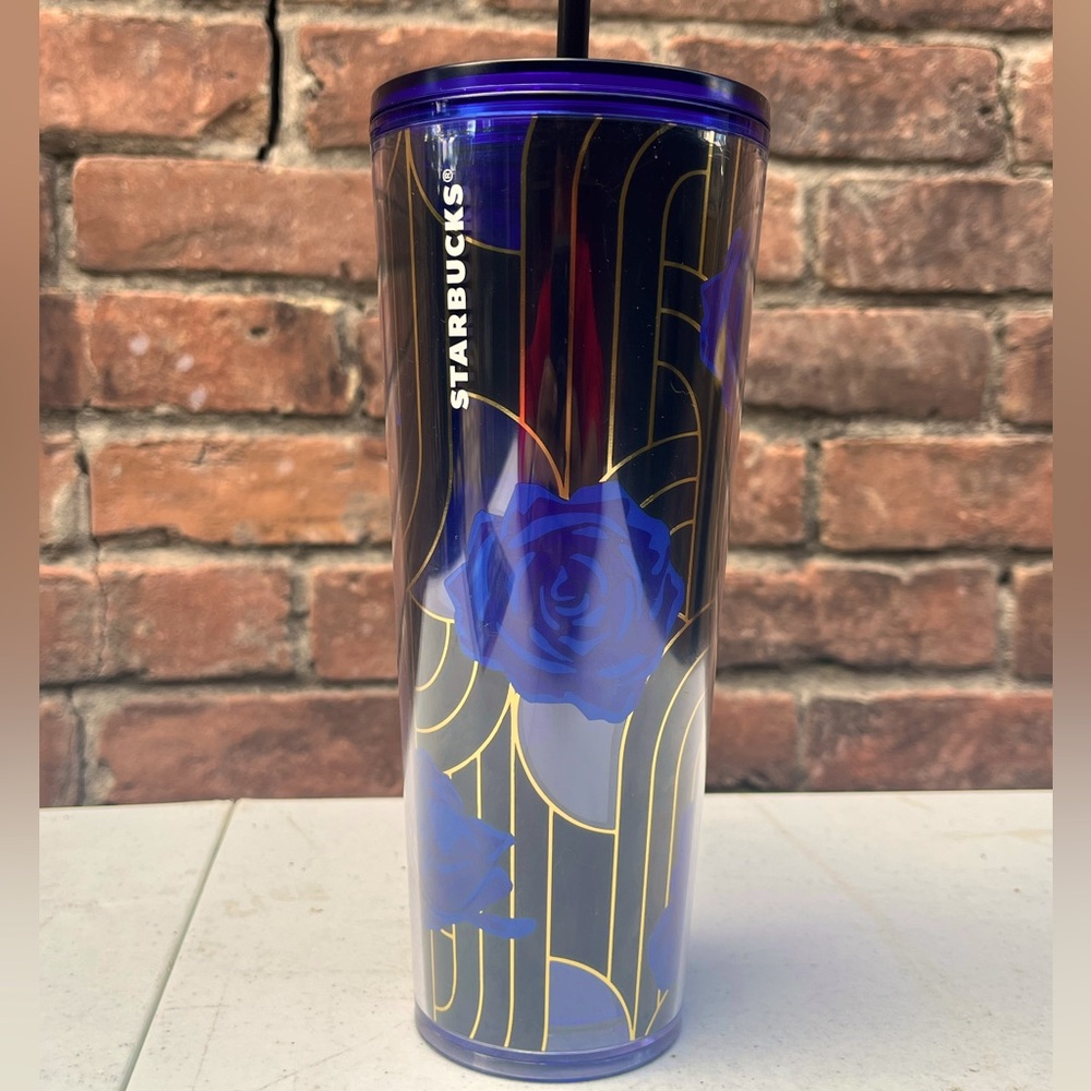 Starbucks Tumbler Straw Cobalt Blue & Gold Rose 24Oz Venti Cold Cup Art Deco New